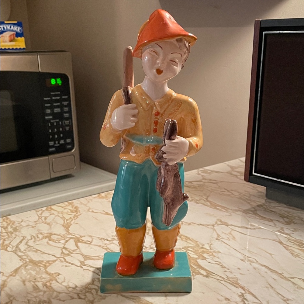Vintage Ceramic Boy Figurine Hunting With Rabbit Made in France Signed 10”